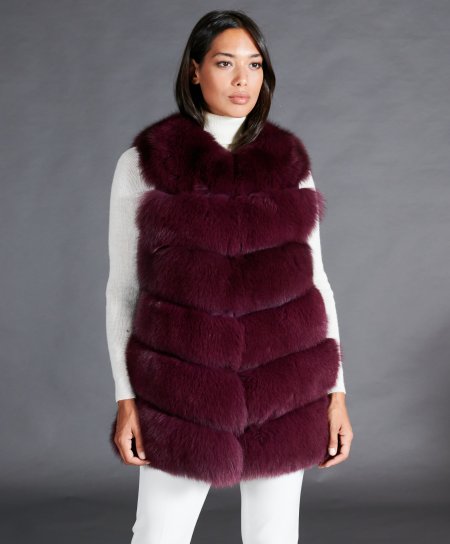 Sleeveless fox fur jacket V collar • violet color