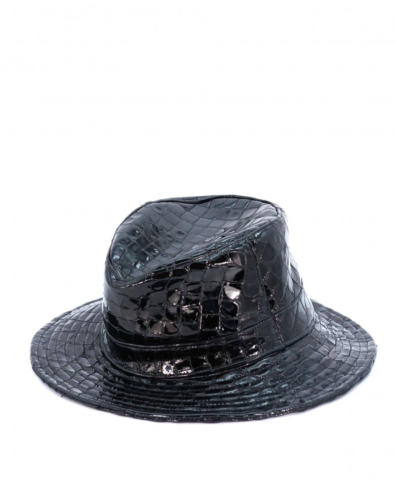 Women's leather hat cap beret bucket hat black croco leather