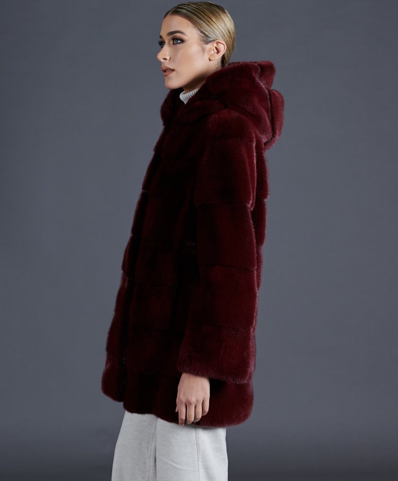 Burgundy Mink Fur Jacket With Fox Fur Details 