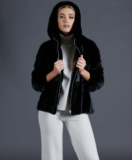 Mink fur jacket with hood and zipper closure • black color