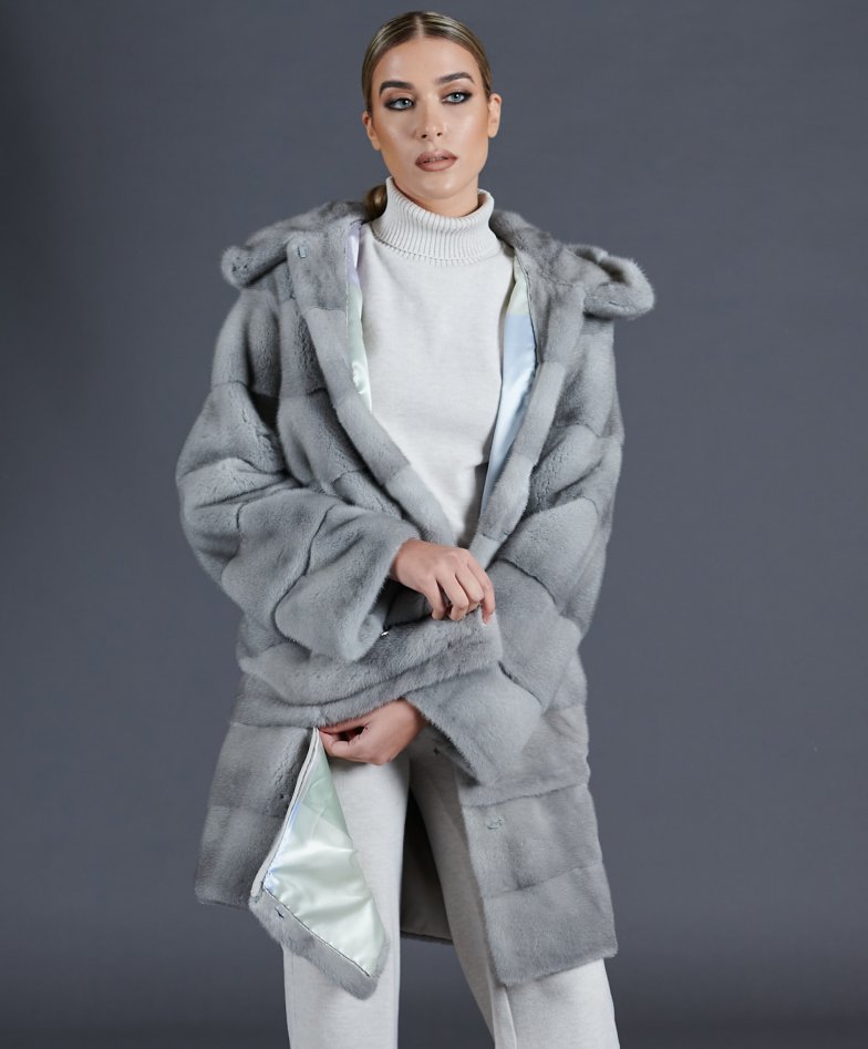BeFur Real Sapphire Mink Fur Coat with Hood and Belt. Genuine Mink Stroller in Gray, Unique Jacket from Premium Mink Skins, Farming Fur pelts.