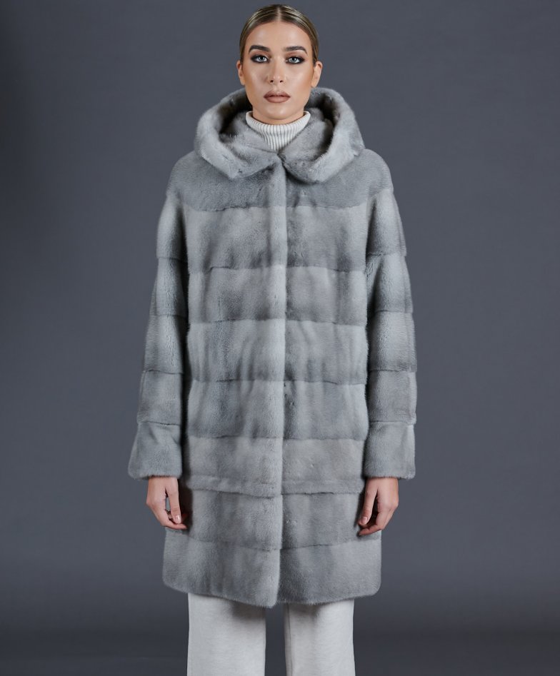 BeFur Real Sapphire Mink Fur Coat with Hood and Belt. Genuine Mink Stroller in Gray, Unique Jacket from Premium Mink Skins, Farming Fur pelts.