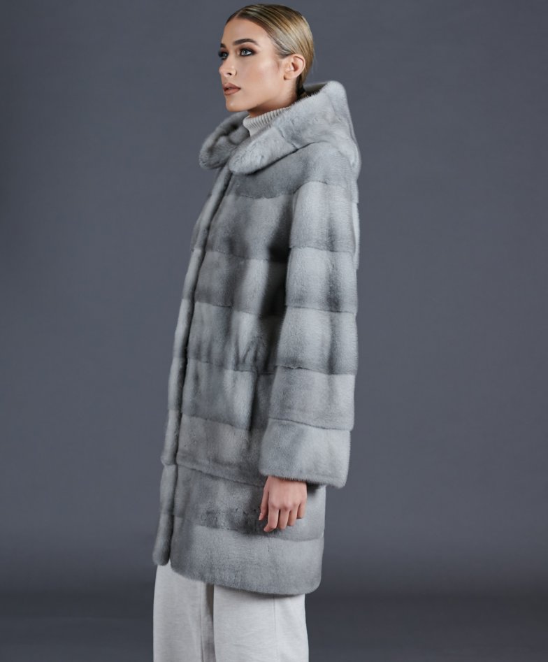 Graphite Full Skin Mink Fur Coat With Hood Real Mink Fur Coat 