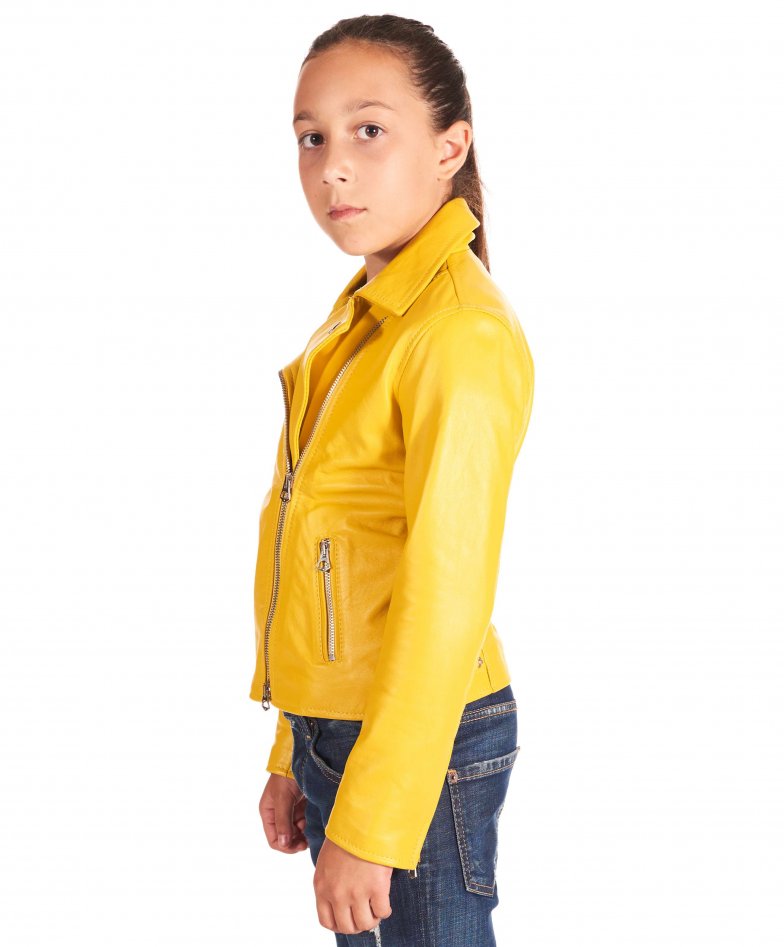 Kid's Leather Biker Jacket cross zip yellow Chiodo Baby