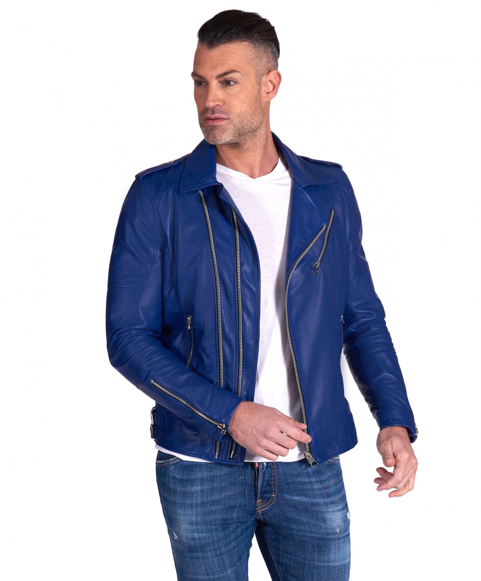 Mens biker | Santiago blue leather motorcycle jackets jacket leather D\'Arienzo