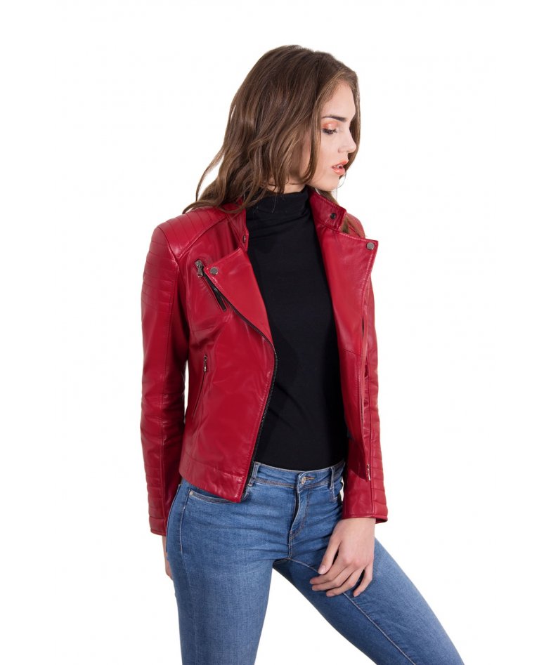 D\'Arienzo Women\'s Leather Trap red Karim | Biker cross colour Biker zip Jacket