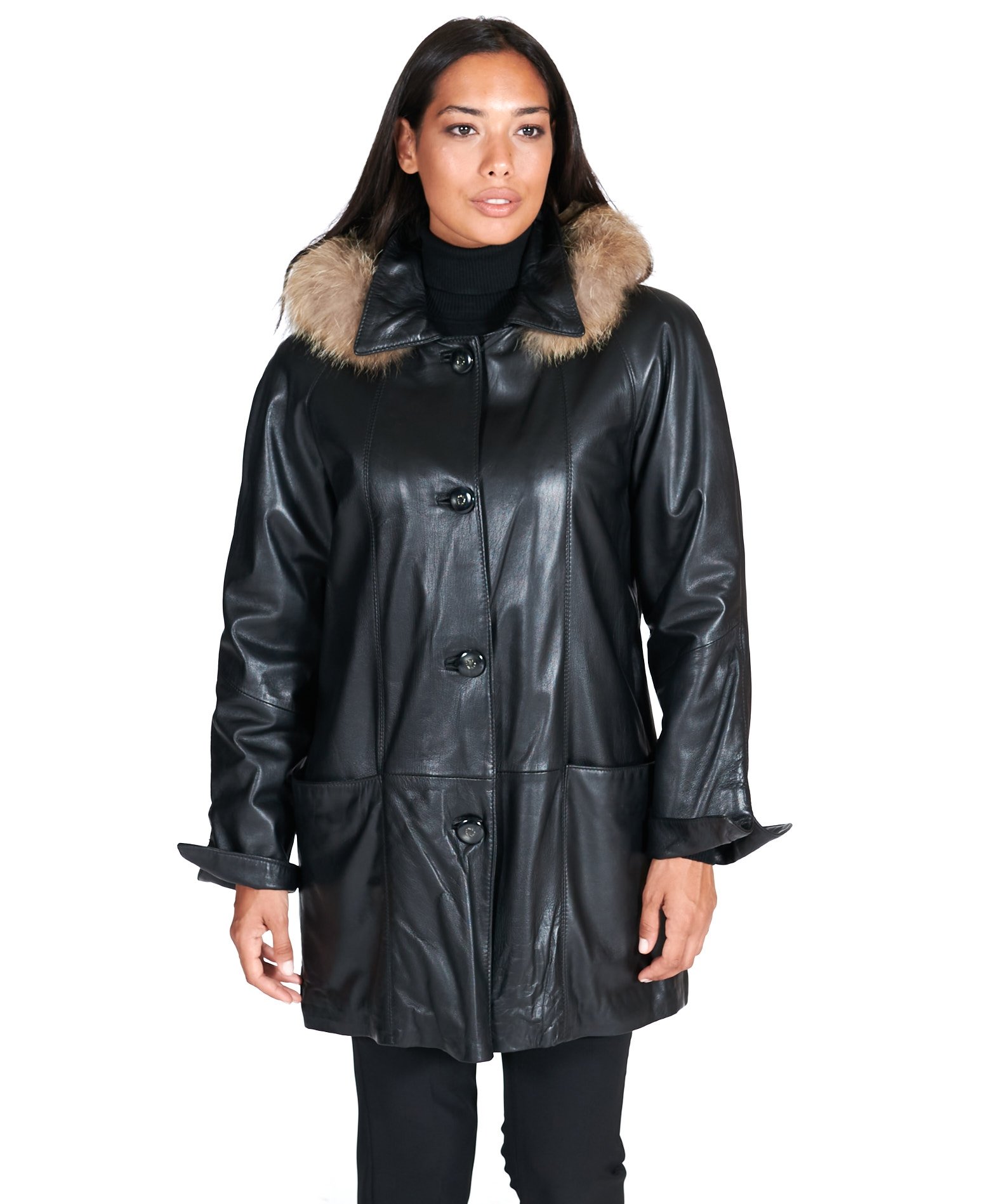 Women's Leather Coat hood with murmasky fur black colour Pamela