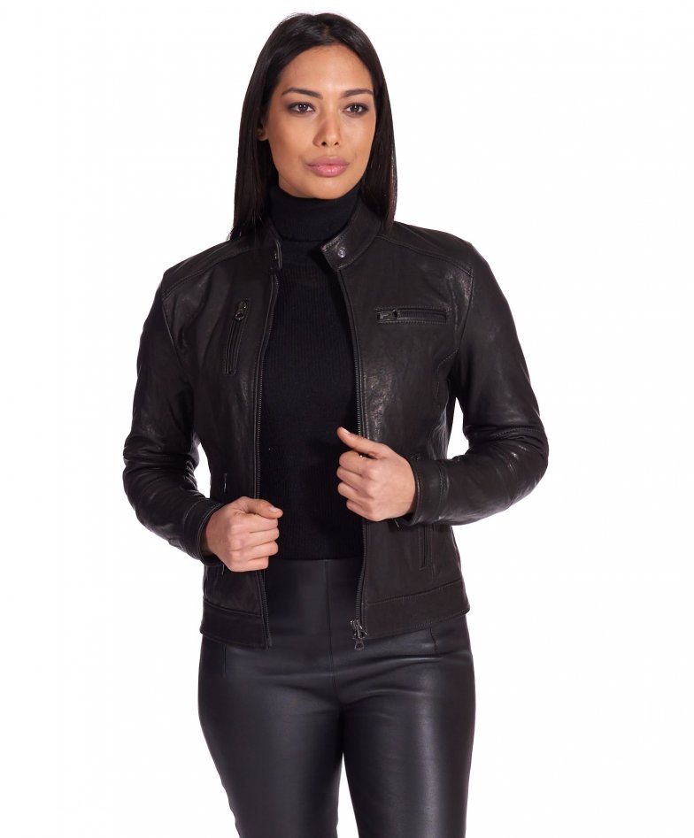 Giulia - Black washed lamb leather biker jacket four zipper pockets