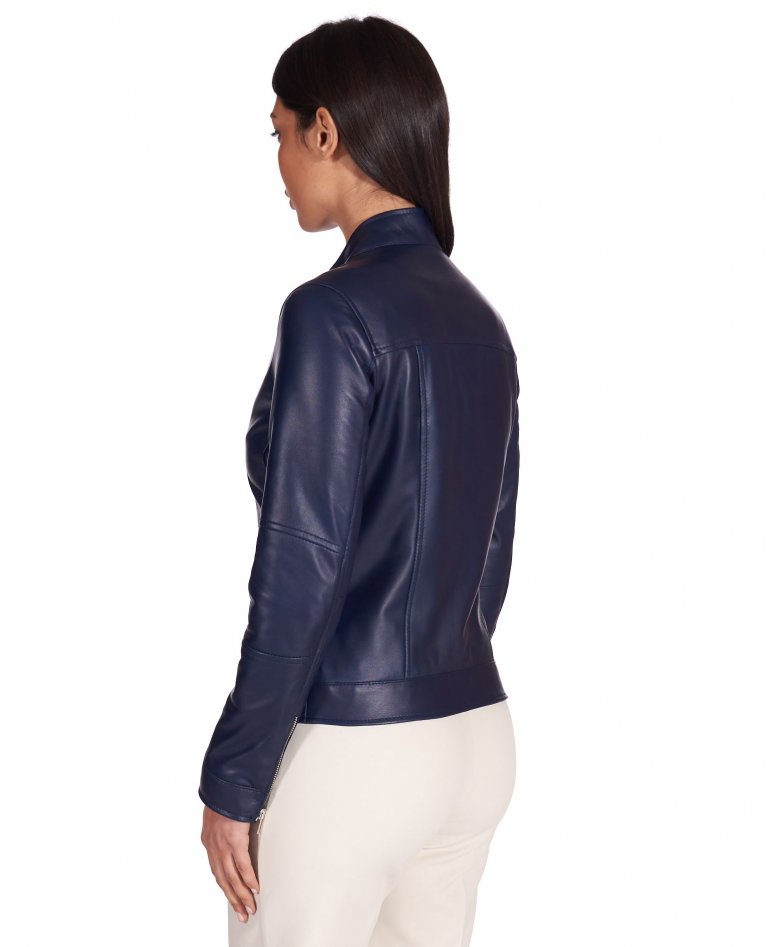 Womens Navy Blue Leather Biker Jacket - Eden