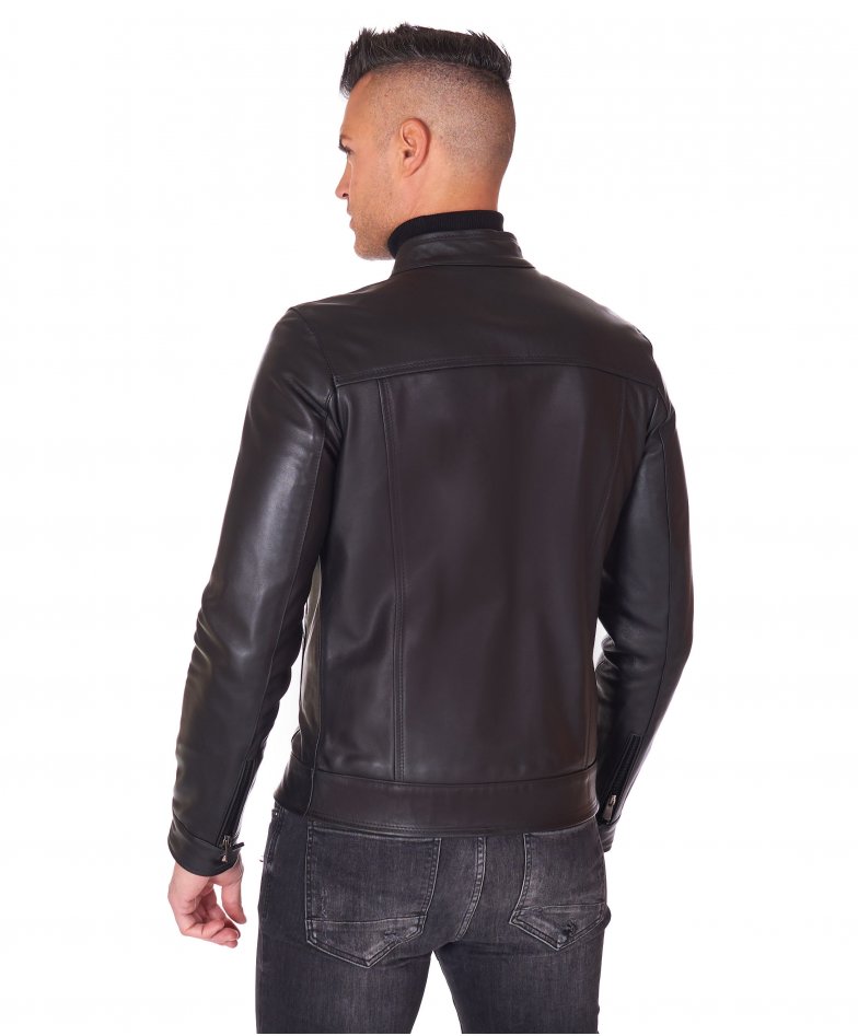 Men's Leather Jacket biker style mao collar quilted yoke black col Emy ...