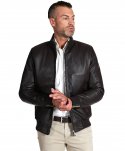 Bomber imbottito in pelle nappa marrone collo coreana con cerniera