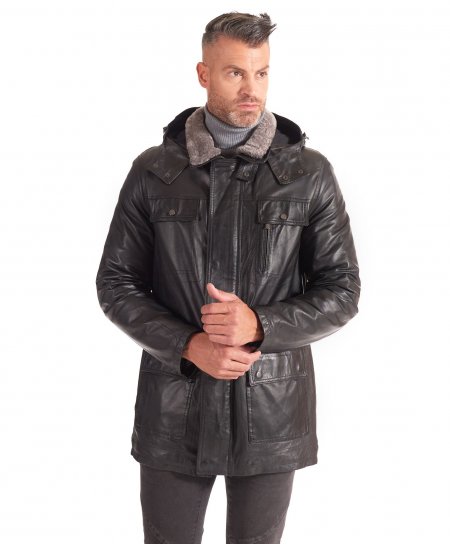 MAN HOODED DOWN JACKET IN QUILTED DARK GREEN LAMB NAPPA