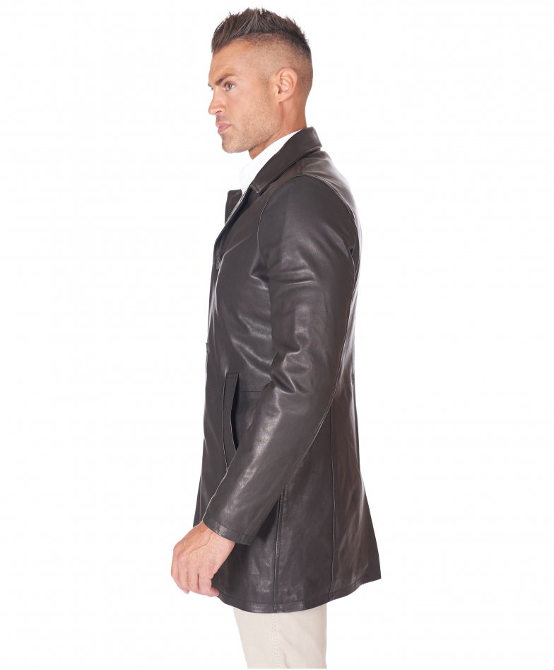 Men's long Leather Jacket genuine leather buttons closing black