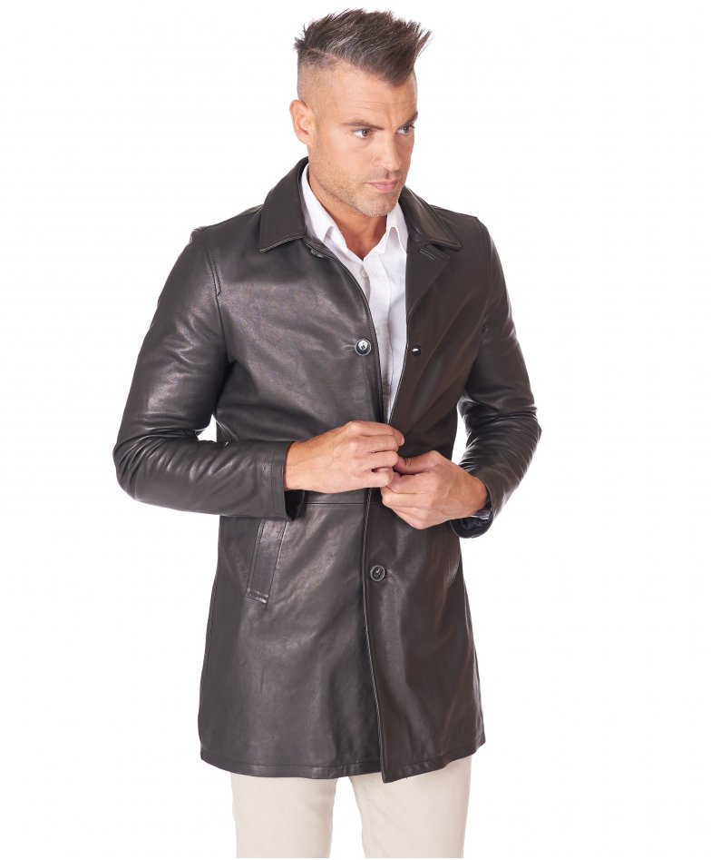 Men's long Leather Jacket genuine leather buttons closing black