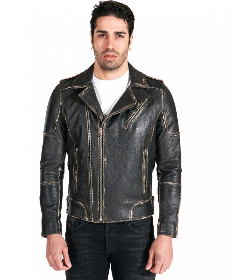 Santiago - Black vintage lamb leather biker double functional zipper