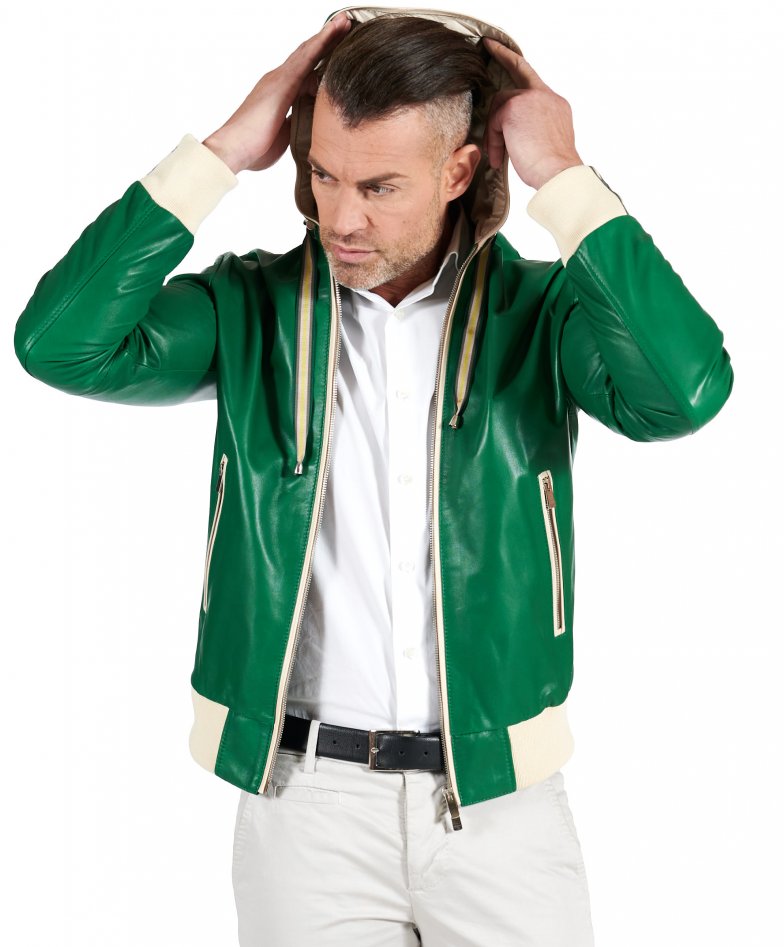 Men's bomber leather jacket hooded bomber jacket green Biancolino