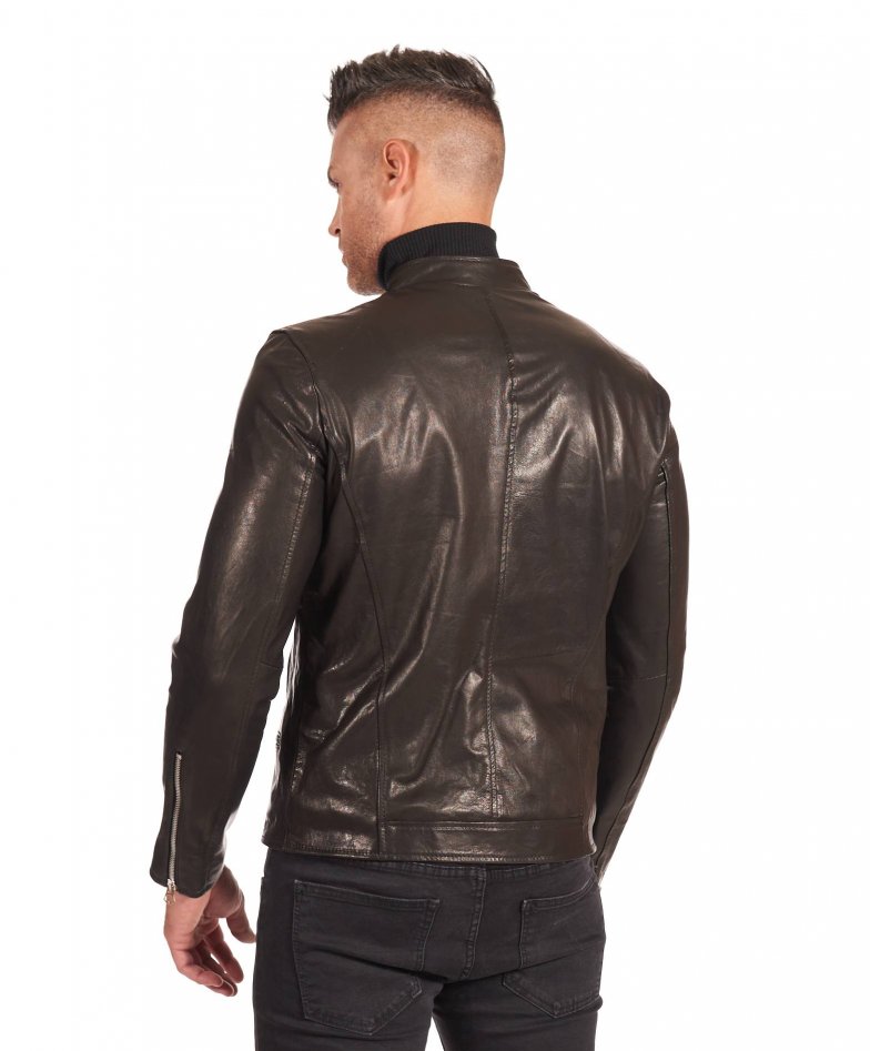 Men's washed Leather Jacket smooth aspect central zipper black