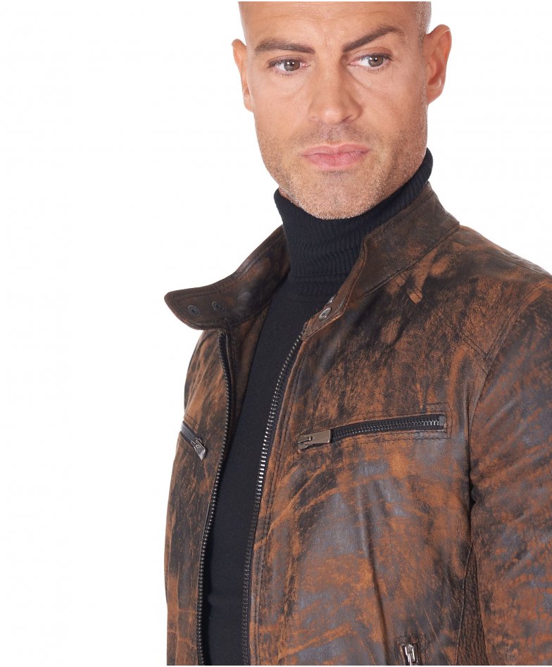 Men's Leather Jacket vintage lamb leather biker brown Hamilton | D 