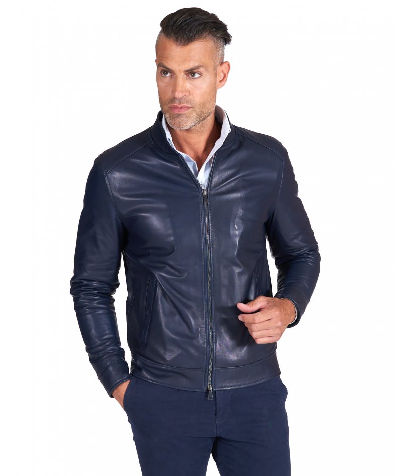 mens leather Genuine jacket | leather magnet blue Marlon pockets D\'Arienzo jacket