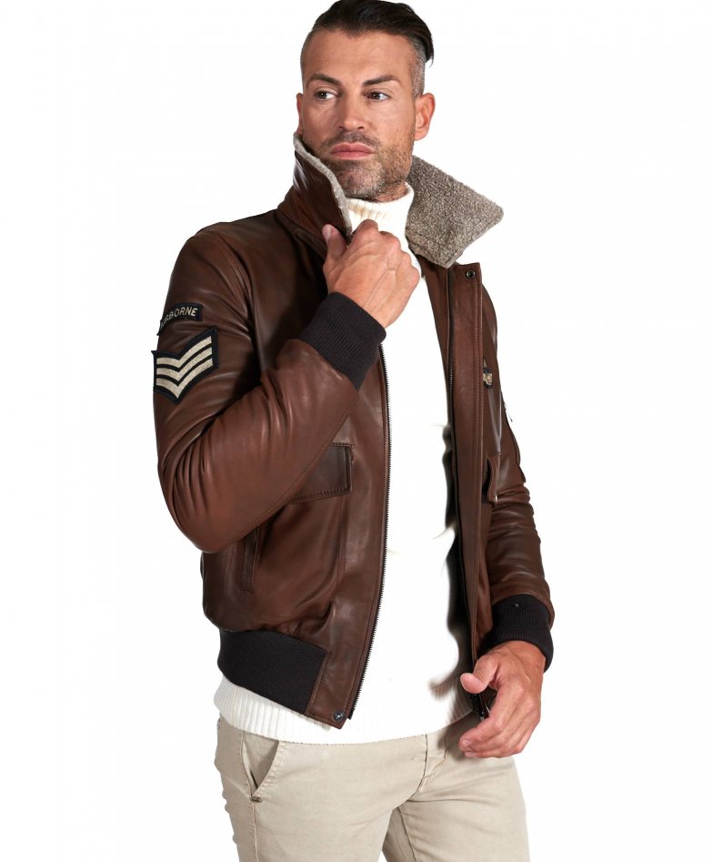 Aviator - Brown lamb leather bomber jacket shearling collar