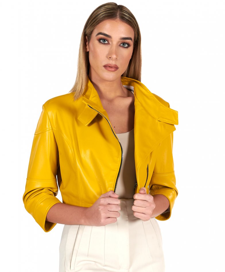 G154 - Yellow nappa lamb leather bomber jacket smooth effect