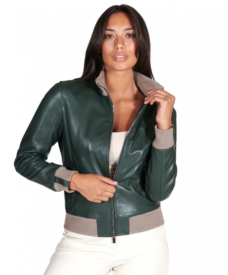 Womens Green Bomber Leather Jacket