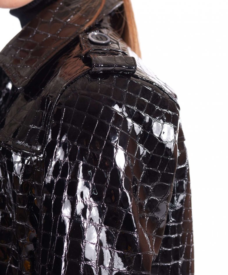 $1,990 AKRIS Punto Collar Crocodile Black Patent Faux Leather Coat Trench 4  (38)