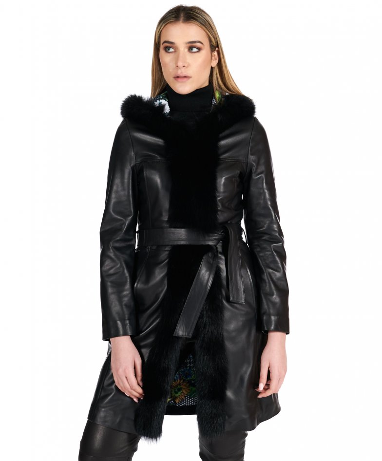 Women leather coat leather coat with hood black coat Tina | D'Arienzo
