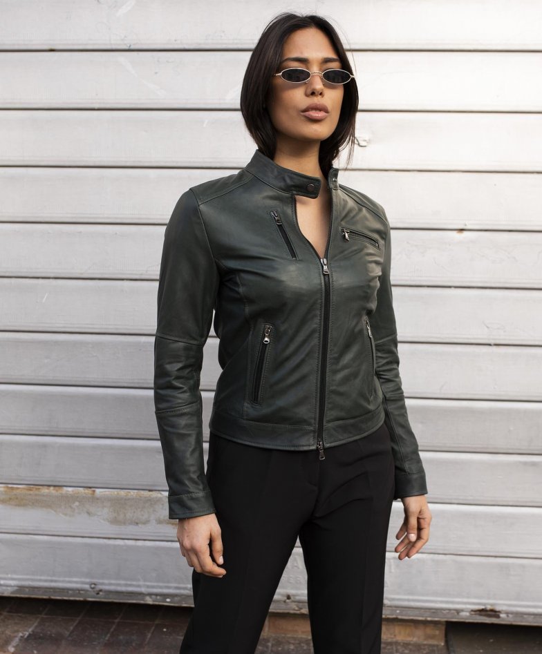 Genuine leather motorcycle jackets green leather jacket Giulia | D'Arienzo