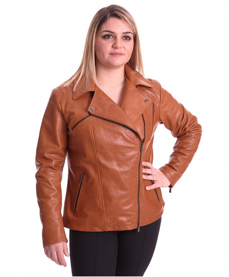 Linda - Yellow nappa lamb leather biker jacket smooth aspect