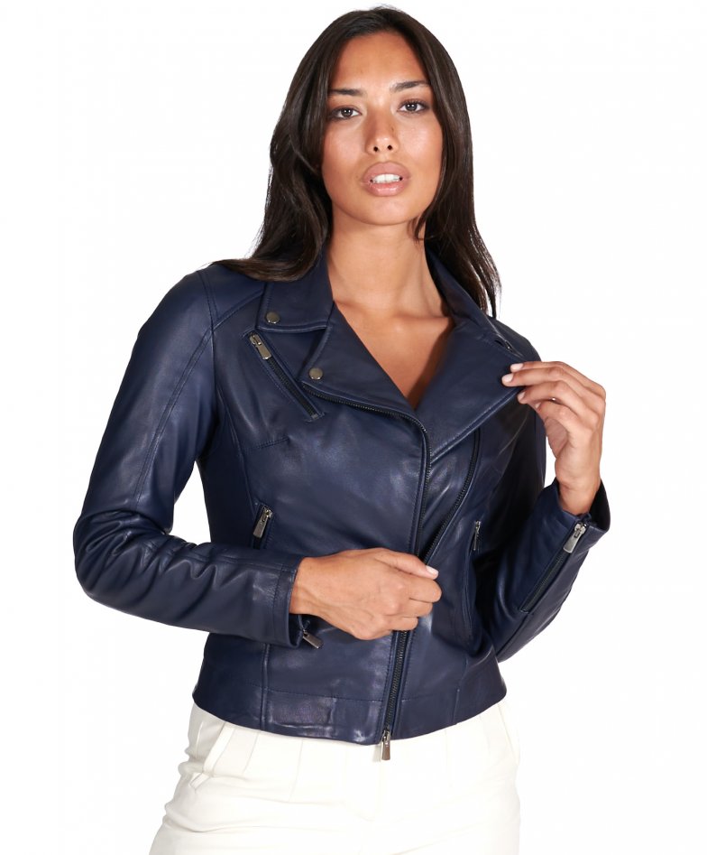 Womens Navy Blue Leather Biker Jacket - Eden