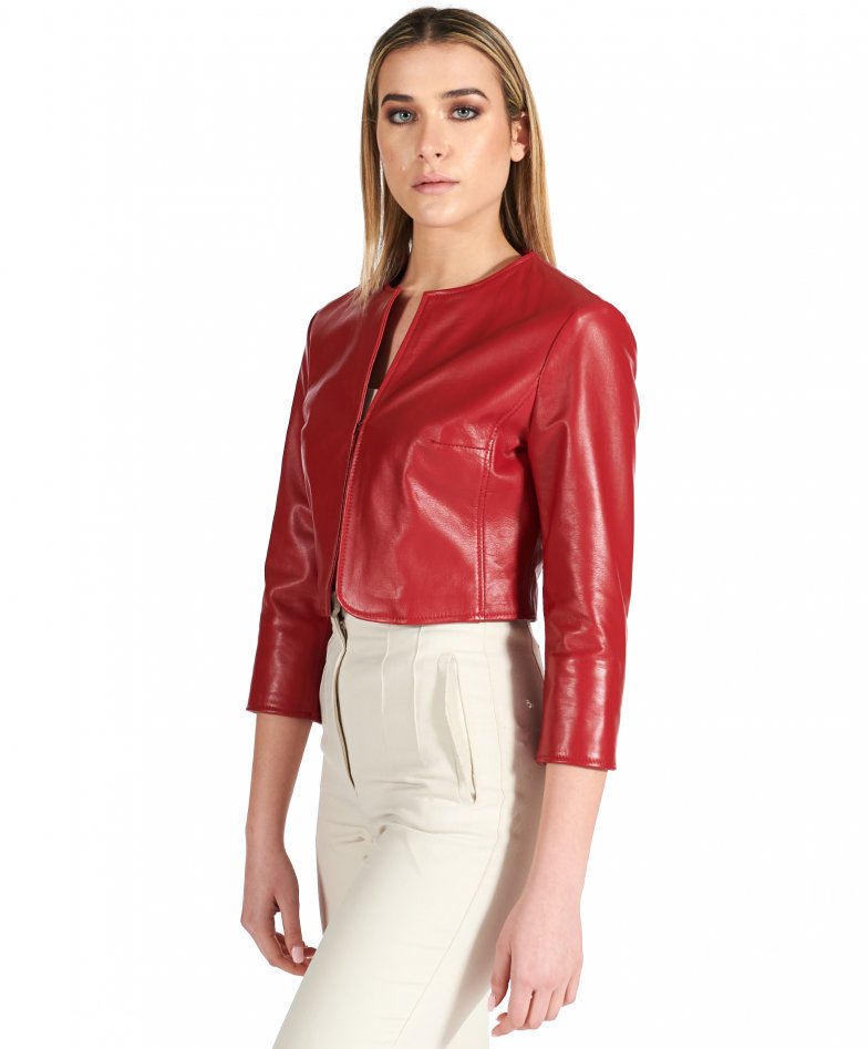 Women's leather short jacket round collar soft nappa leather red