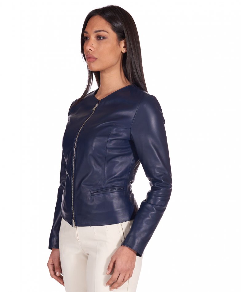 Clear - Blue nappa lamb leather jacket round collar