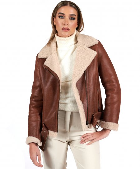 Tan shearling lamb belted biker jacket cross zipper