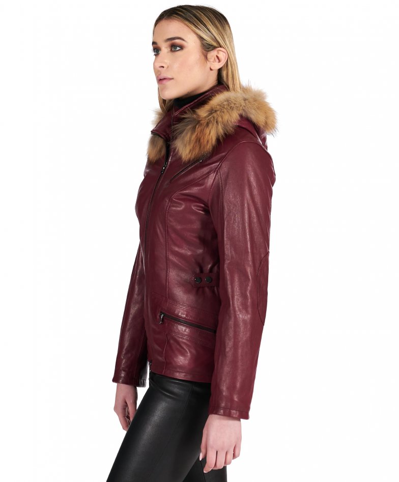 627 - Bordeaux hooded lamb leather jacket parka style