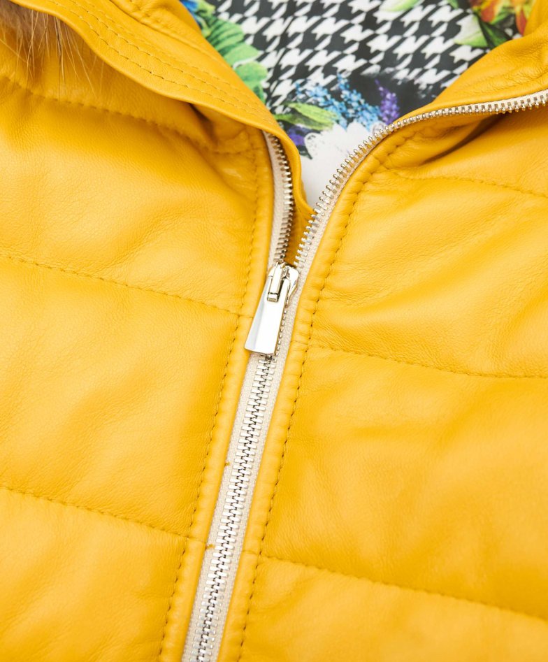 Woman Leather Hooded Down Jacket yellow colour Ladies