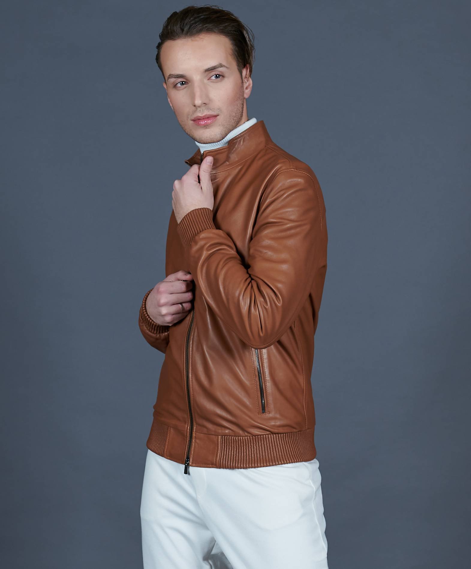 Mens Tan Brown Bomber Leather Jacket