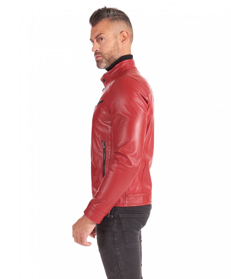 Men's Leather Jacket biker leather jacket red color Hamilton