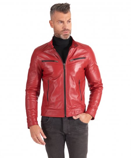 Men's Leather Jacket biker leather jacket red color Hamilton