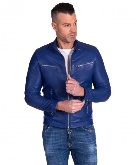 Giulia - Electric blue natural lamb leather biker jacket smooth aspect