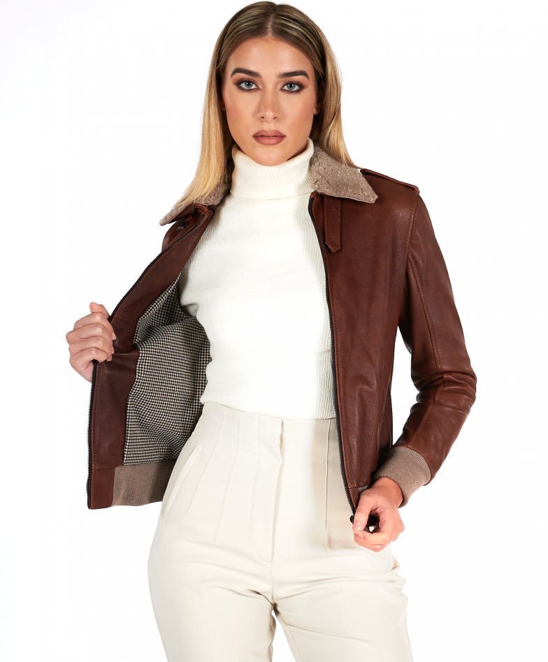 Women's leather bomber jacket aviator vintage tan color Antea