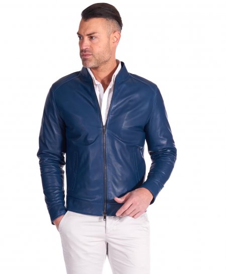 Genuine leather pockets jacket | magnet leather jacket blue D\'Arienzo mens Marlon