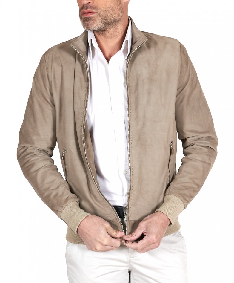 106 - Light taupe suede lamb leather bomber jacket korean collar