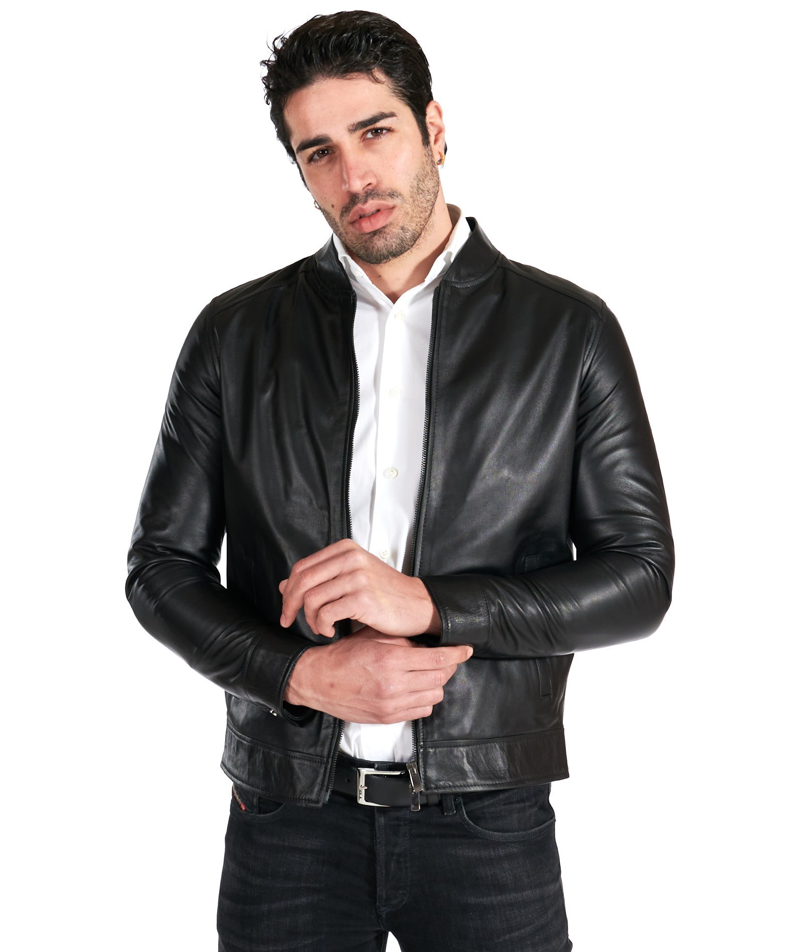 Men's Italian Leather Jacket Black Bomber Genuine Leather D'Arienzo  Handmade in Italy