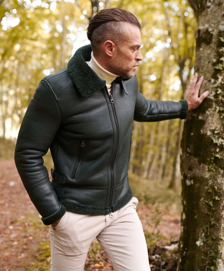 High Collar Green Leather Biker Jacket